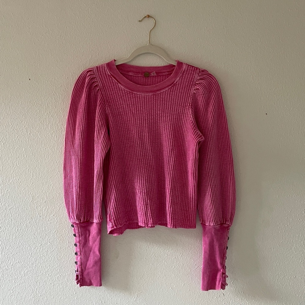 Free People One Wesley Thermal Top Pink Waffle Bishop Cuffs Washed Look Boho